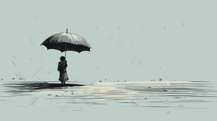 Vector illustration of a weathered and torn umbrella in the rain  conveying the vulnerability and exposure to harsh conditions in poverty. simple minimalist illustration creative - obrazy, fototapety, plakaty