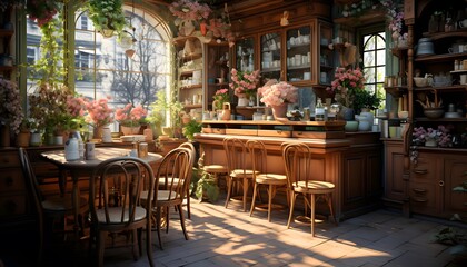Tables and chairs in a cozy outdoor cafe in Paris, France
