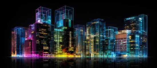 transparent glass buildings flash neon lights at night