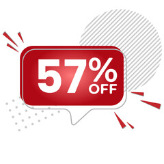 57% off. White background with 57 percent discount on a red balloon for mega big sales. 57% sale