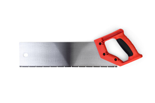 Red hand saw for PVC isolated on white background.