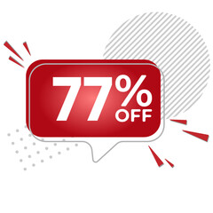77% off. White background with 77 percent discount on a red balloon for mega big sales. 77% sale