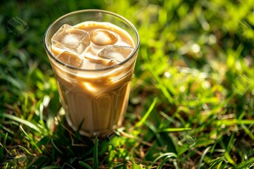 a glass of iced coffee on grass