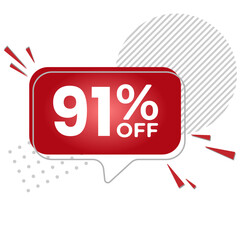 91% off. White background with 91 percent discount on a red balloon for mega big sales. 91% sale