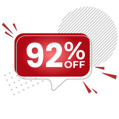 92% off. White background with 92 percent discount on a red balloon for mega big sales. 92% sale