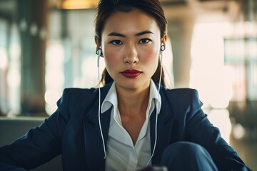 a woman wearing earbuds and looking at the camera