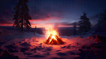 bonfire in front of a mountain scenery