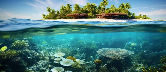 Tropical island with clear sea and beautiful coral reefs