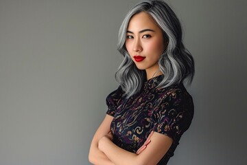 a woman with grey hair and red lipstick