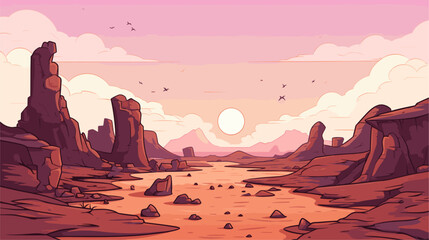 Vector art of an alien desert landscape with bizarre rock formations and an eerie sky capturing the mystique of unexplored extraterrestrial terrains. simple minimalist illustration creative