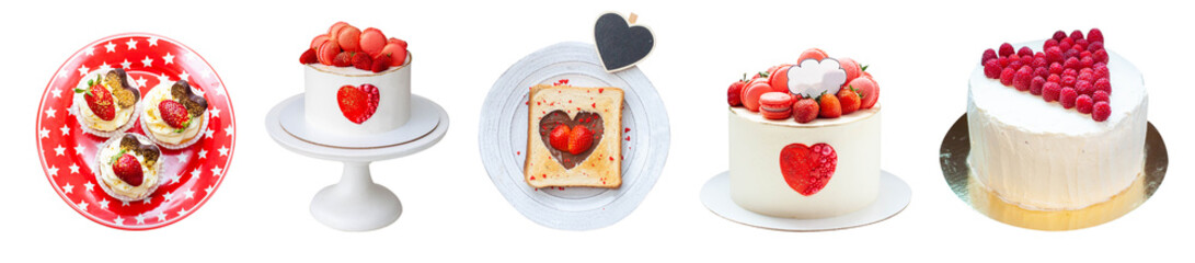 Homemade desserts to Valentine's day. Toast, cupcake and beautiful cake with hearts, strawberries and chocolate. Celebration ideas
