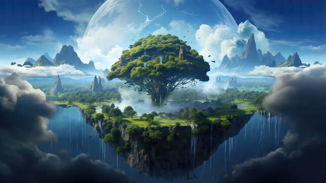 fantasy anime inspired big tree on an island, background design