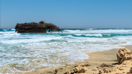 The Cabo Santa Maria Shipwreck by the Boa Vista island coast, tourist interest point. Cape Verde.