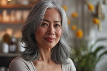 a woman with grey hair smiling