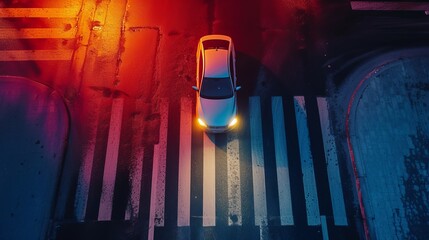Aerial. A car with its headlights on drives over a pedestrian crosswalk at night. Top view from drone. - obrazy, fototapety, plakaty
