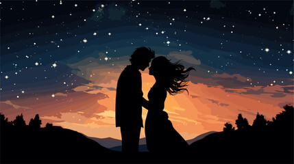 Vector illustration of a couple's silhouette sharing a kiss under a starry sky  portraying the enchantment and magic of romantic moments. simple minimalist illustration creative