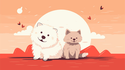 Heartwarming vector art background featuring adorable and cuddly pets in playful and endearing scenes  capturing the essence of companionship and joy. simple minimalist illustration creative