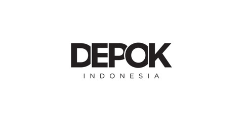 Depok in the Indonesia emblem. The design features a geometric style, vector illustration with bold typography in a modern font. The graphic slogan lettering.