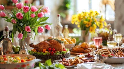 Easter Brunch Table Laden With Food and Spring Flowers. - obrazy, fototapety, plakaty