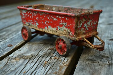 a red wagon on a wood surface