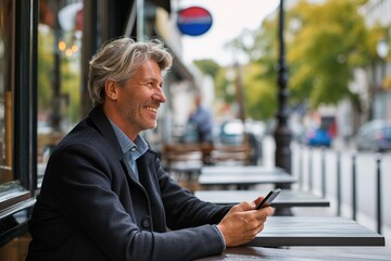 a man smiling while holding a phone