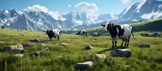 Cows are eating in a green grass field, you can see tall rocky mountains covered in snow, the sky is blue - Powered by Adobe