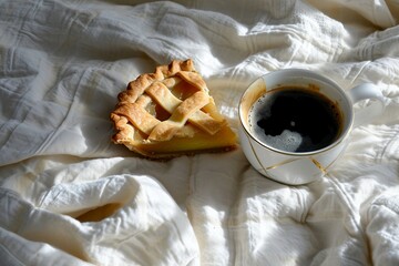 a pie and a cup of coffee