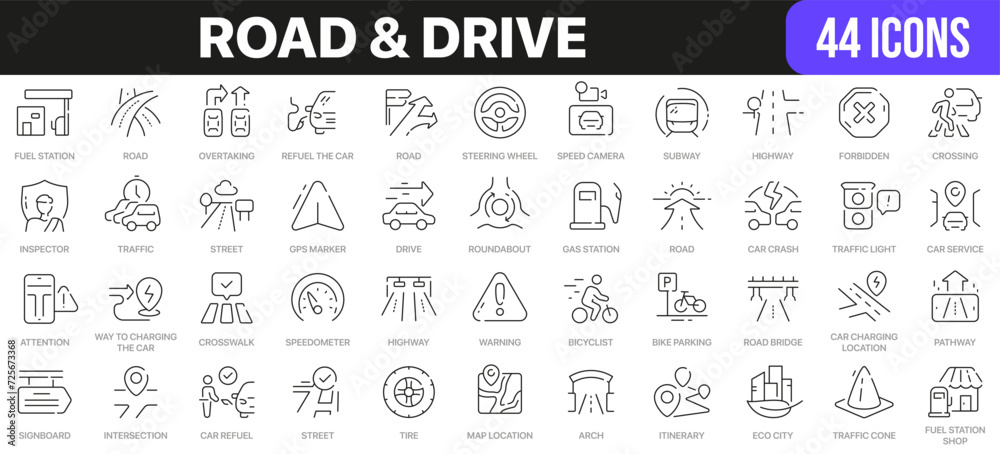 Aufkleber road and drive line icons collection. ui icon set in a flat design. excellent signed icon collection