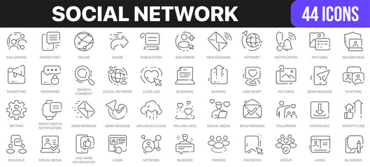 Social network line icons collection. UI icon set in a flat design. Excellent signed icon collection. Thin outline icons pack. Vector illustration EPS10