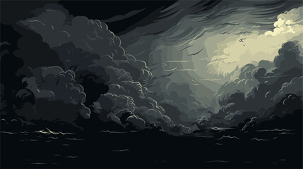 Moody vector scene with stormy clouds and turbulent seas  reflecting the tumultuous nature of emotions  conveying inner turmoil through dark and expressive elements. simple minimalist illustration - obrazy, fototapety, plakaty