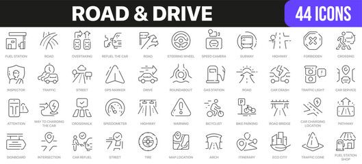 Road and drive line icons collection. UI icon set in a flat design. Excellent signed icon collection. Thin outline icons pack. Vector illustration EPS10