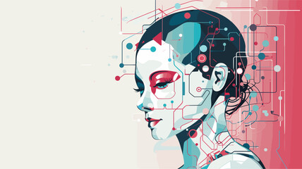 Futuristic vector scene of an AI-powered android  surrounded by abstract elements representing the intelligence and adaptability of artificial beings in a tech-driven world. simple minimalist