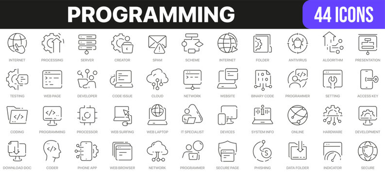 Programming line icons collection. UI icon set in a flat design. Excellent signed icon collection. Thin outline icons pack. Vector illustration EPS10