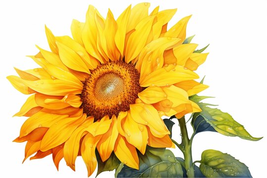 A bright yellow sunflower with green leaves stands out against a clean white background
