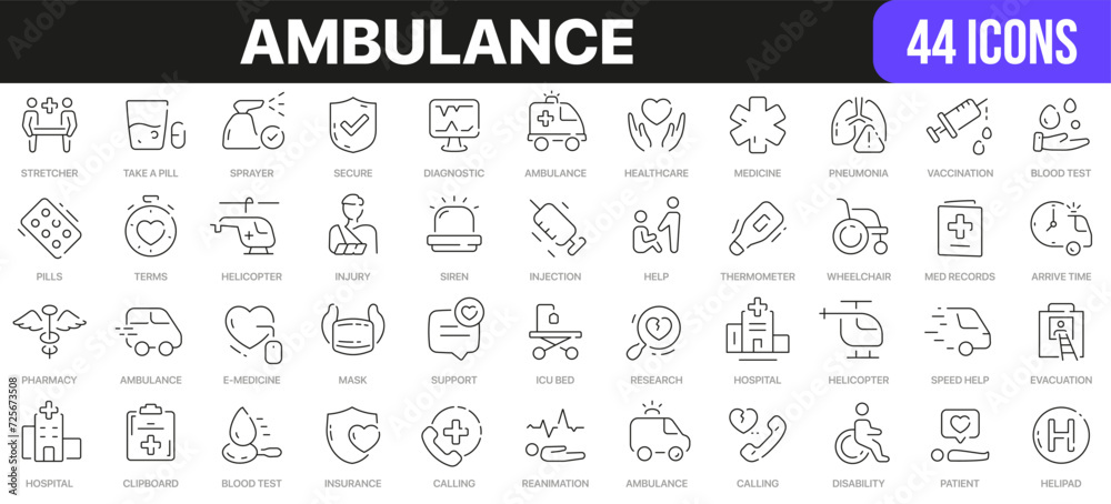 Poster ambulance line icons collection. ui icon set in a flat design. excellent signed icon collection. thi