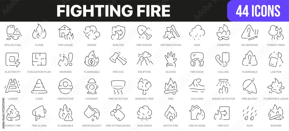 Poster fighting fire line icons collection. ui icon set in a flat design. excellent signed icon collection.
