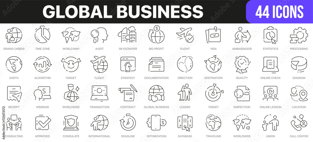 Poster global business line icons collection. ui icon set in a flat design. excellent signed icon collectio