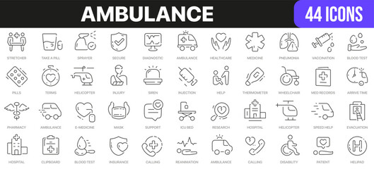 Ambulance line icons collection. UI icon set in a flat design. Excellent signed icon collection. Thin outline icons pack. Vector illustration EPS10