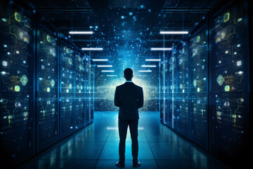 Cloud service engineer standing in front of a digital technology data center in server room.