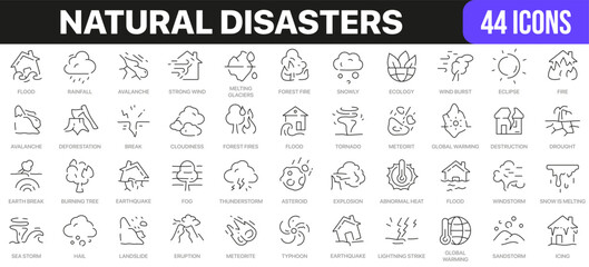 Natural disasters line icons collection. UI icon set in a flat design. Excellent signed icon collection. Thin outline icons pack. Vector illustration EPS10 - obrazy, fototapety, plakaty