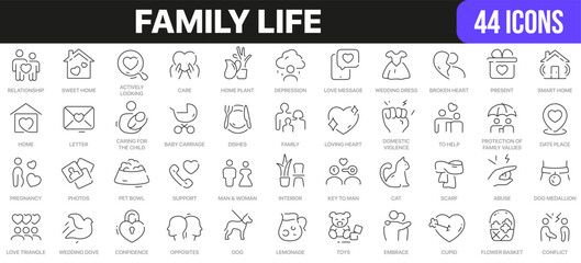 Family life line icons collection. UI icon set in a flat design. Excellent signed icon collection. Thin outline icons pack. Vector illustration EPS10 - obrazy, fototapety, plakaty