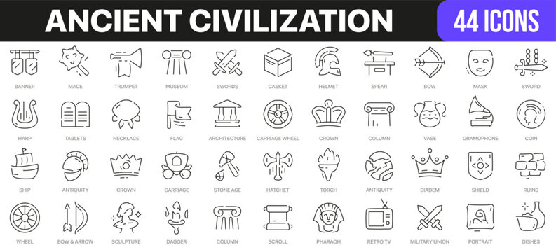 Ancient civilization line icons collection. UI icon set in a flat design. Excellent signed icon collection. Thin outline icons pack. Vector illustration EPS10