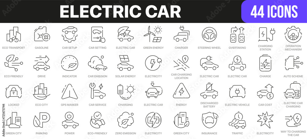 Poster electric car line icons collection. ui icon set in a flat design. excellent signed icon collection. 