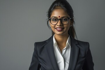 a woman wearing glasses and a suit