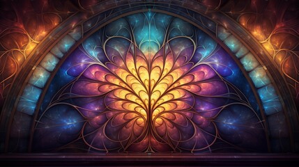 A colorful stained glass window with a orange and blue mandala abstract background