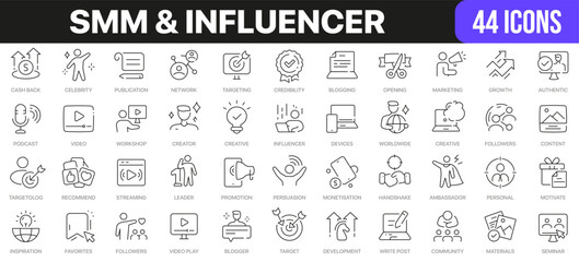 SMM and influencer line icons collection. UI icon set in a flat design. Excellent signed icon collection. Thin outline icons pack. Vector illustration EPS10 - obrazy, fototapety, plakaty