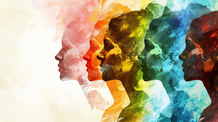 Diversity Abstract Watercolor Silhouette Faces Profile