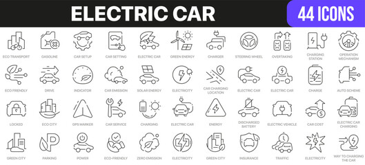 Electric car line icons collection. UI icon set in a flat design. Excellent signed icon collection. Thin outline icons pack. Vector illustration EPS10
