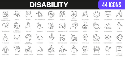 Disability line icons collection. UI icon set in a flat design. Excellent signed icon collection. Thin outline icons pack. Vector illustration EPS10