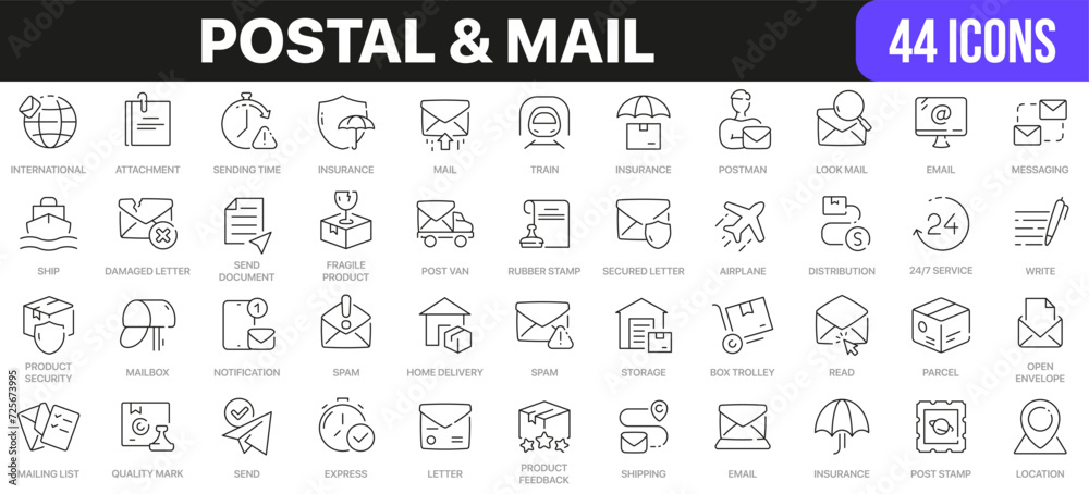 Poster postal and mail line icons collection. ui icon set in a flat design. excellent signed icon collectio